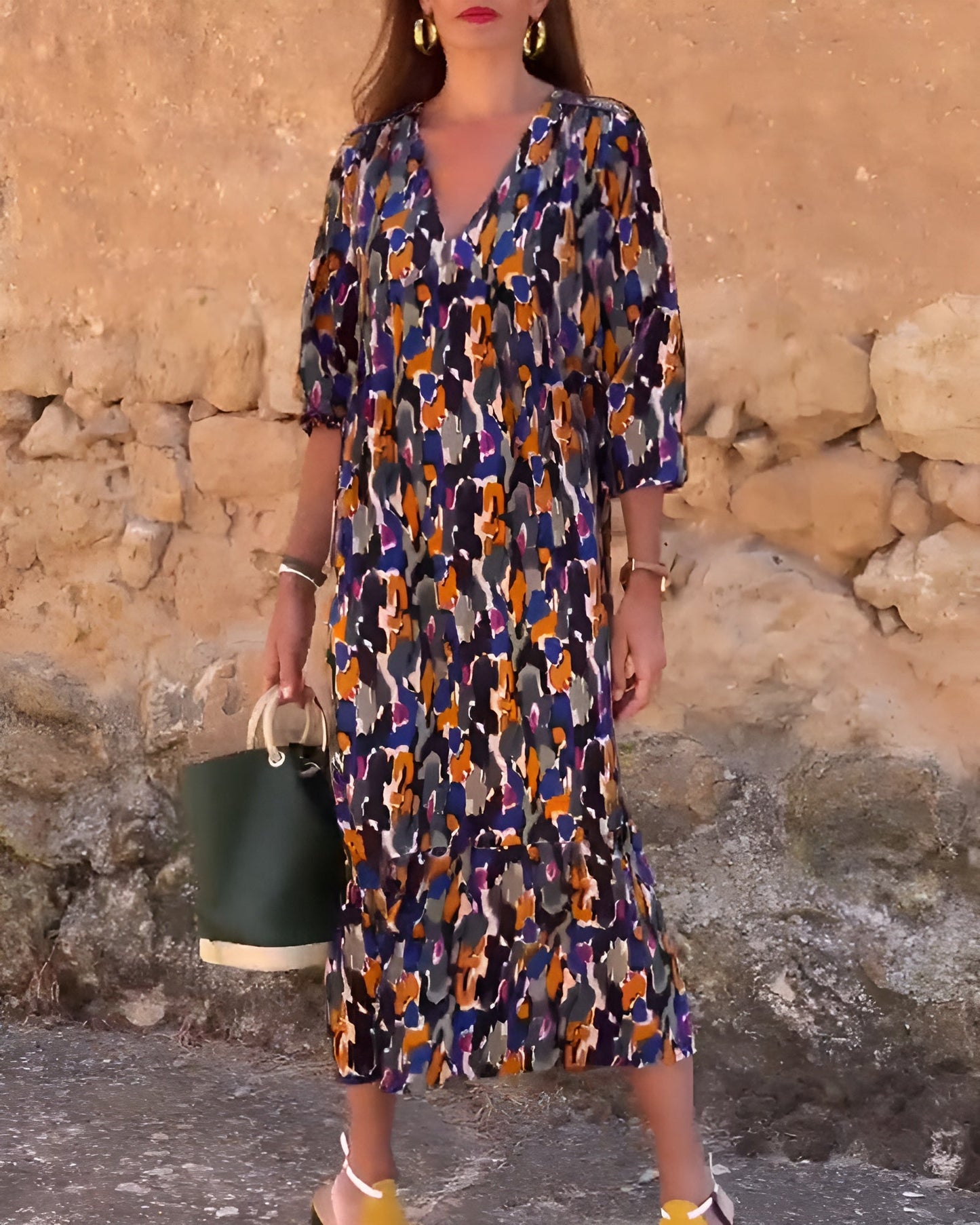 Jacqueline | Robe col V imprimé rétro