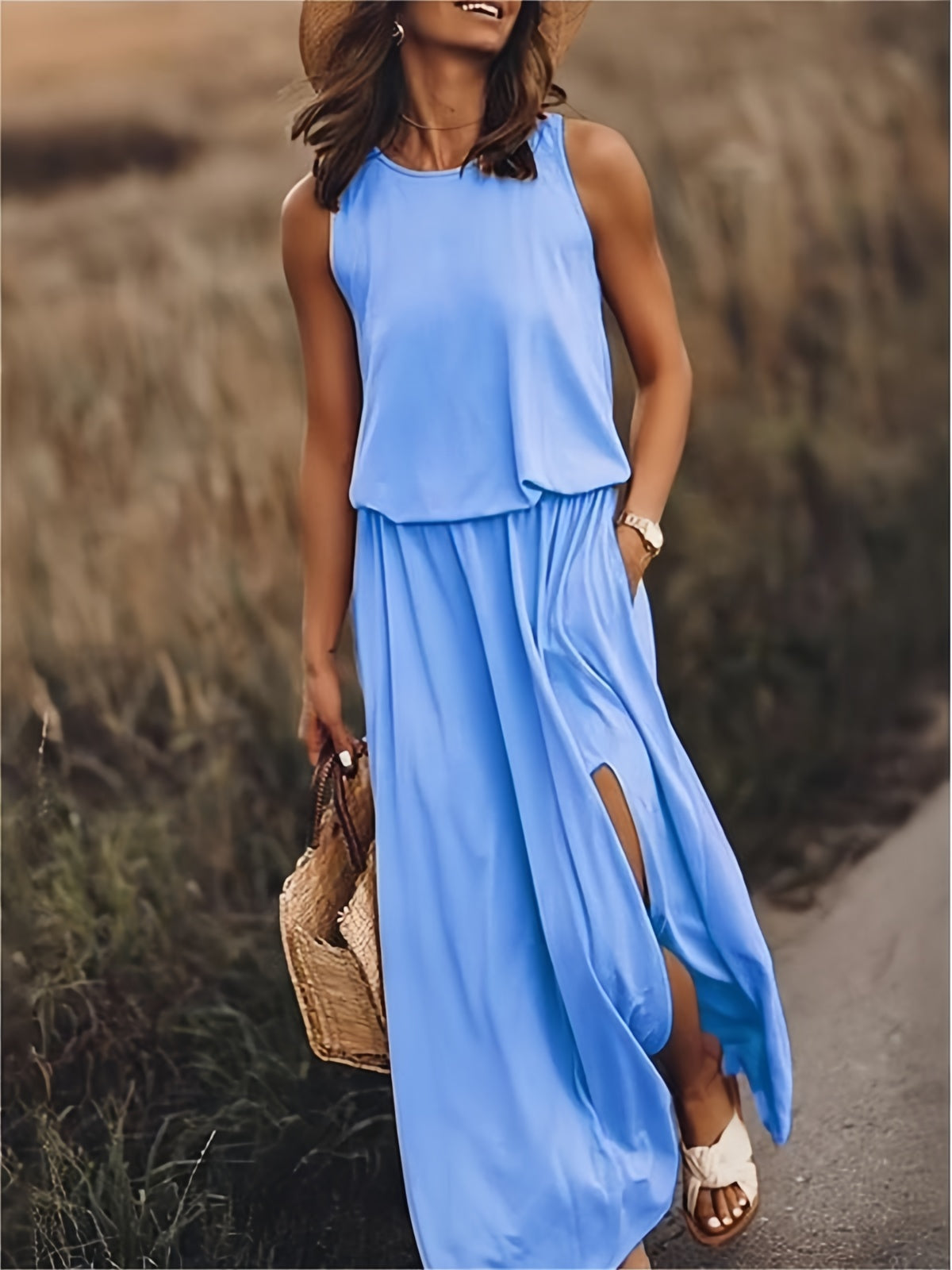 Céline | Robe Longue Sans Manches avec Fente Latérale