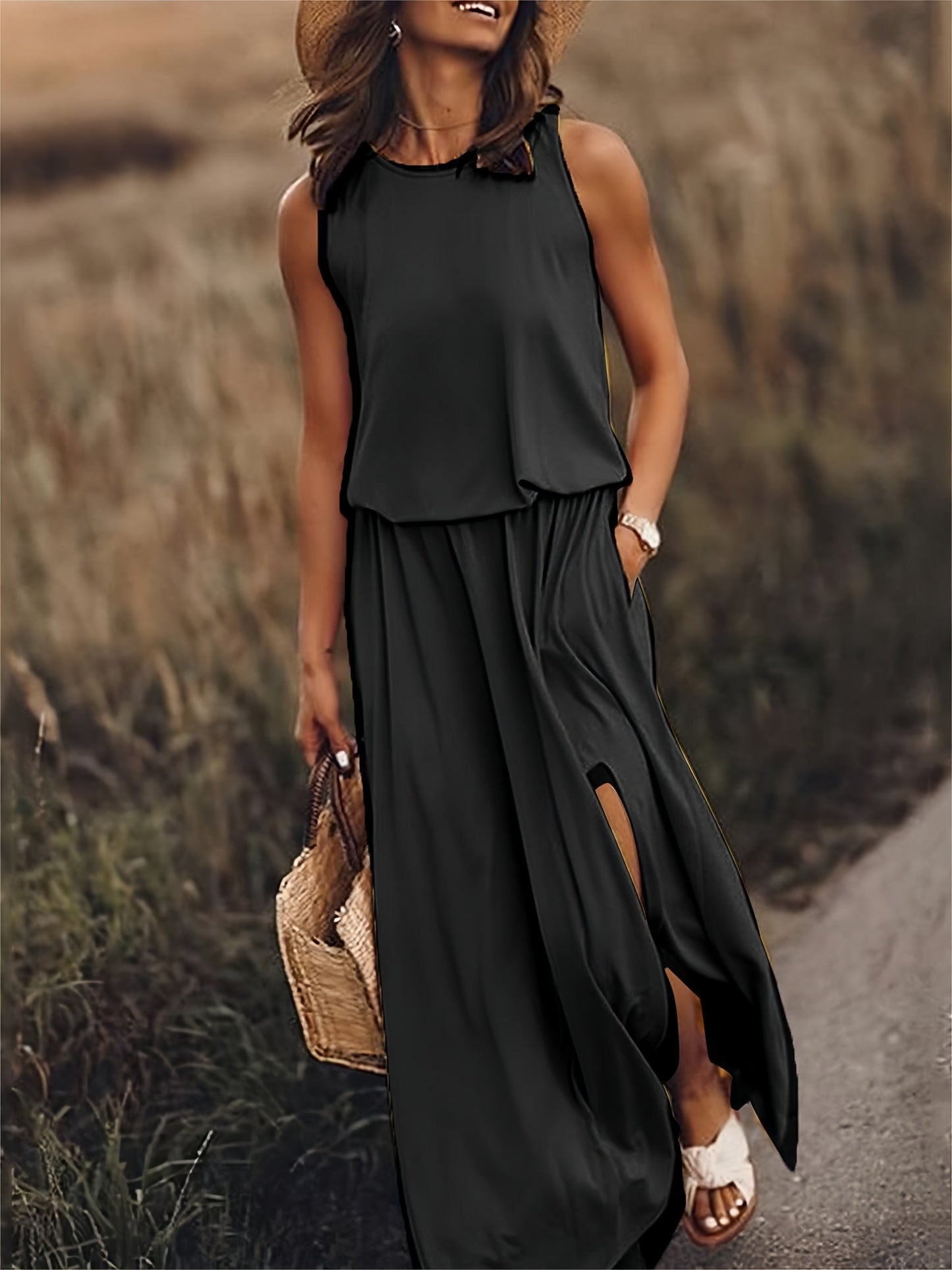 Céline | Robe Longue Sans Manches avec Fente Latérale