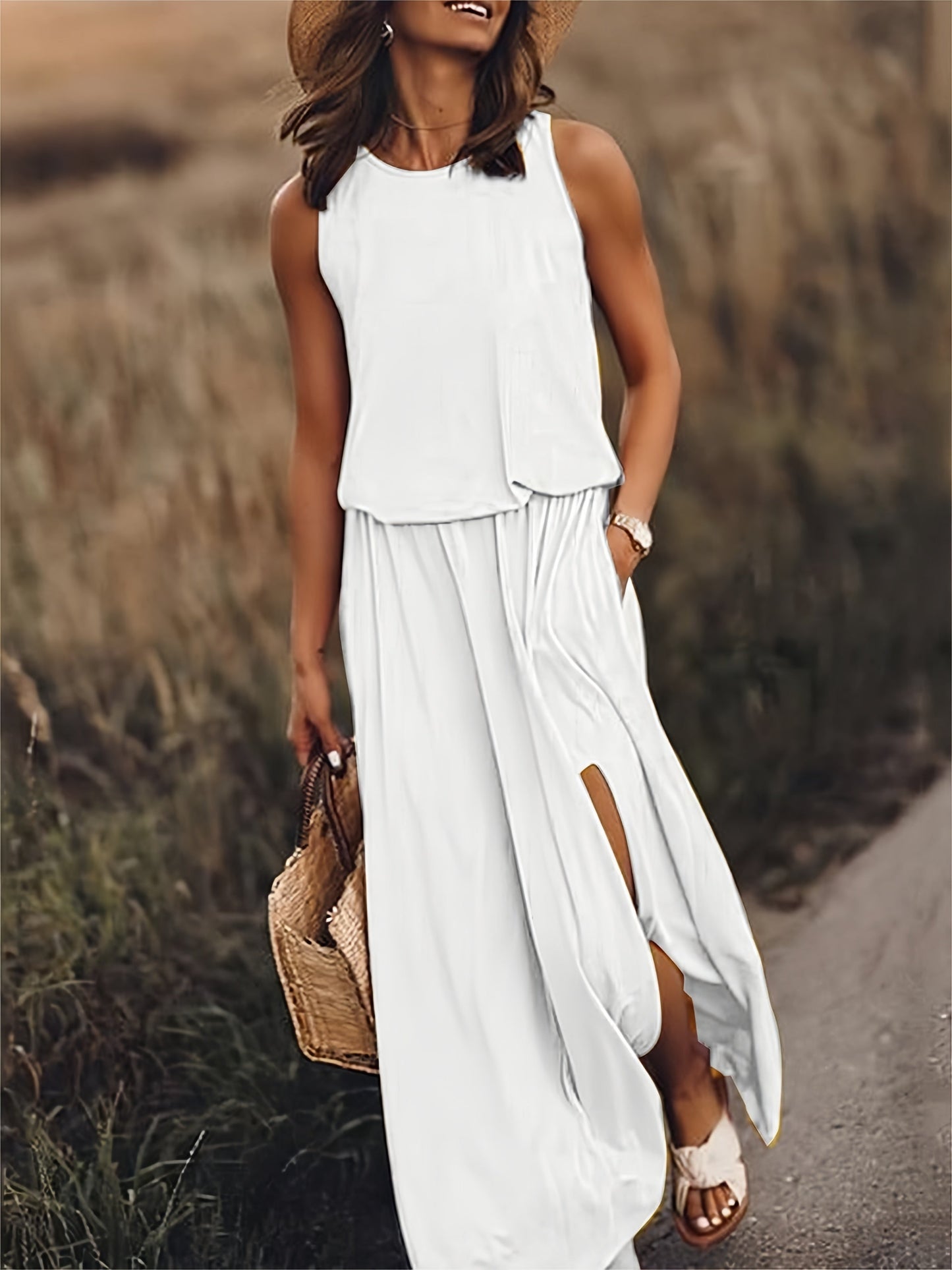 Céline | Robe Longue Sans Manches avec Fente Latérale