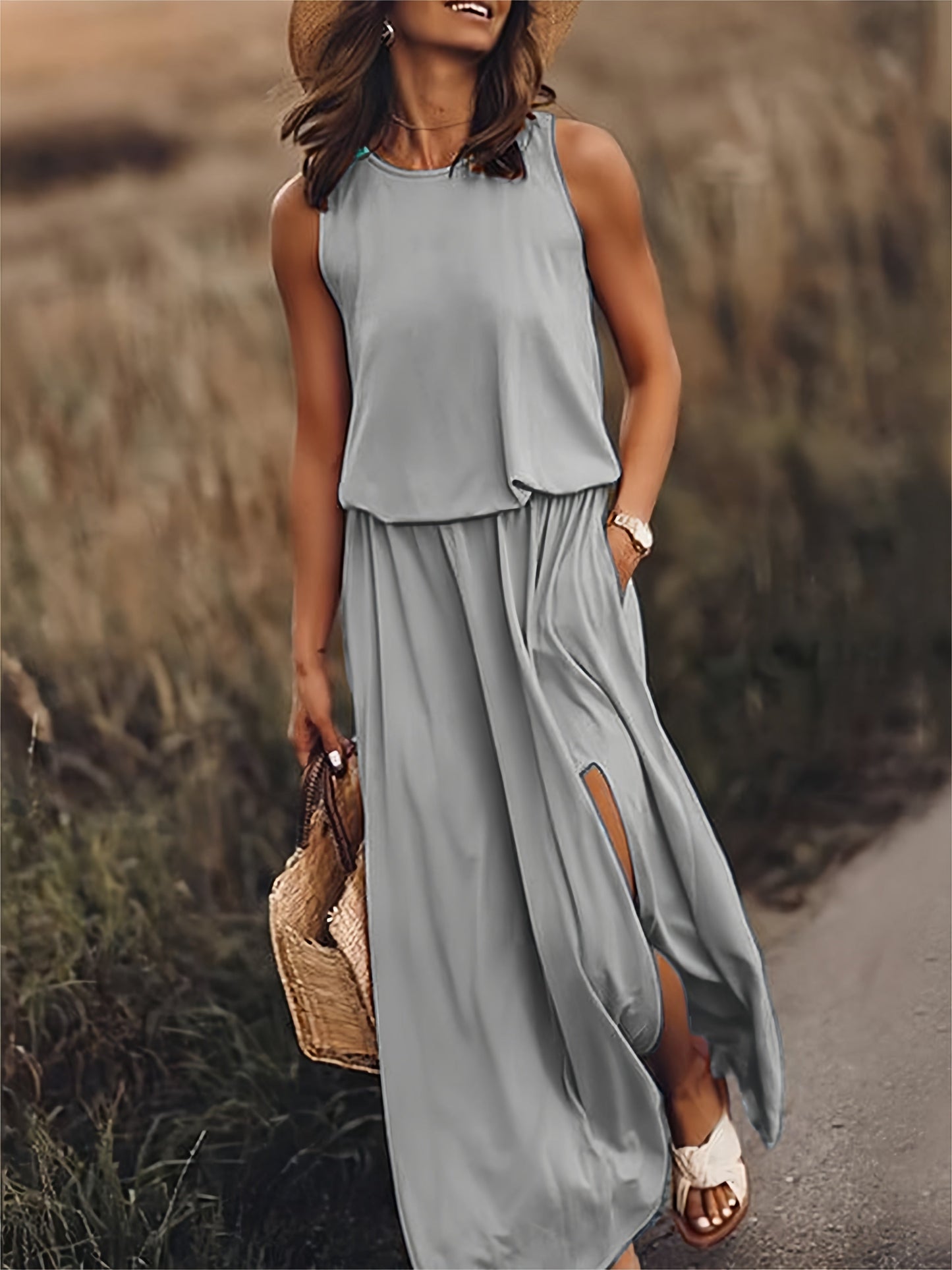 Céline | Robe Longue Sans Manches avec Fente Latérale