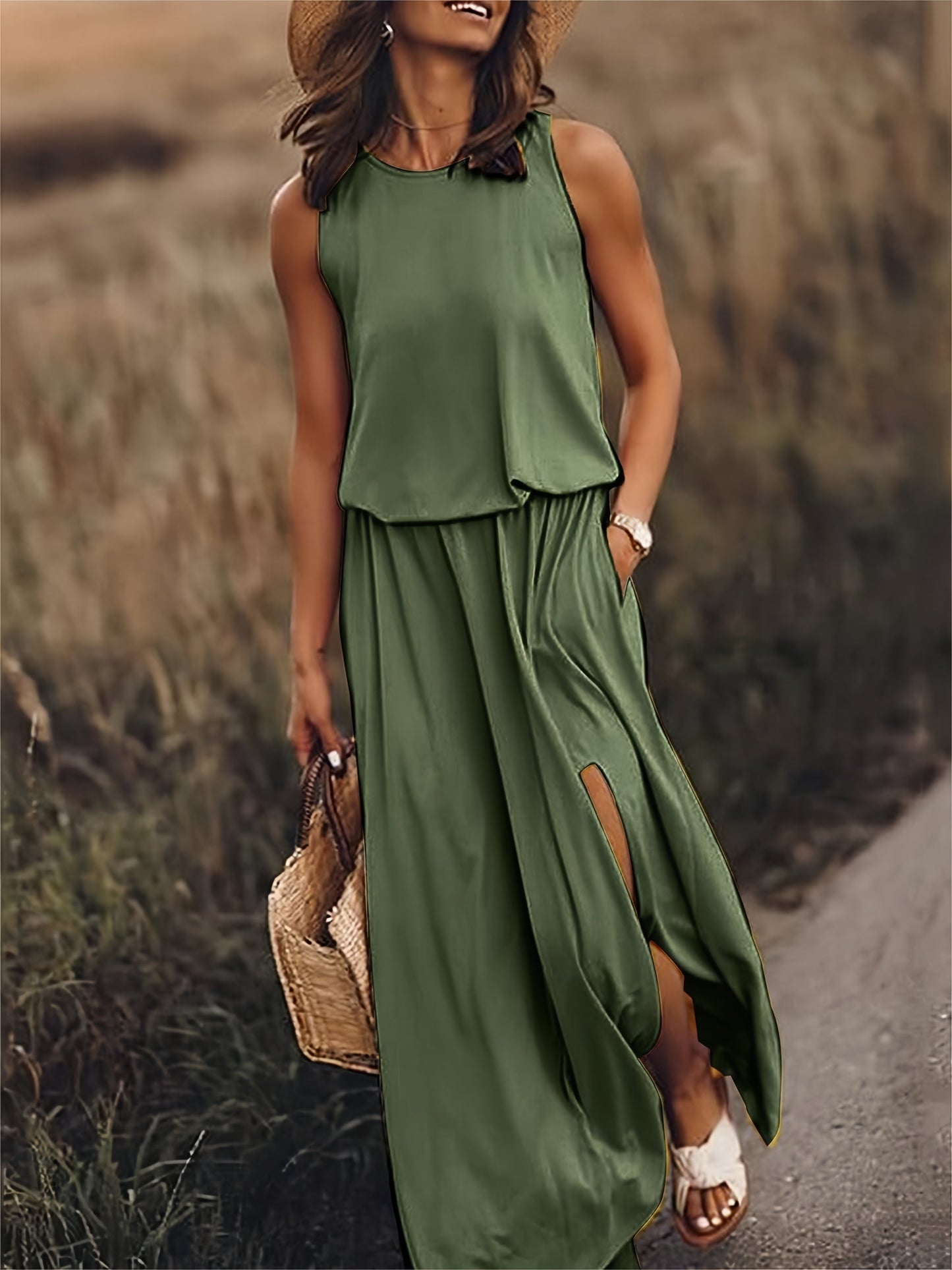 Céline | Robe Longue Sans Manches avec Fente Latérale