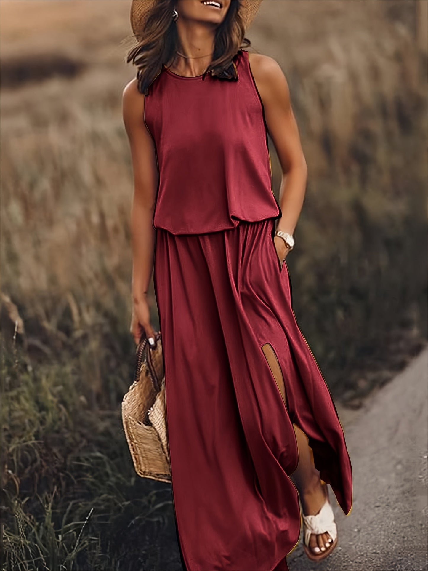 Céline | Robe Longue Sans Manches avec Fente Latérale