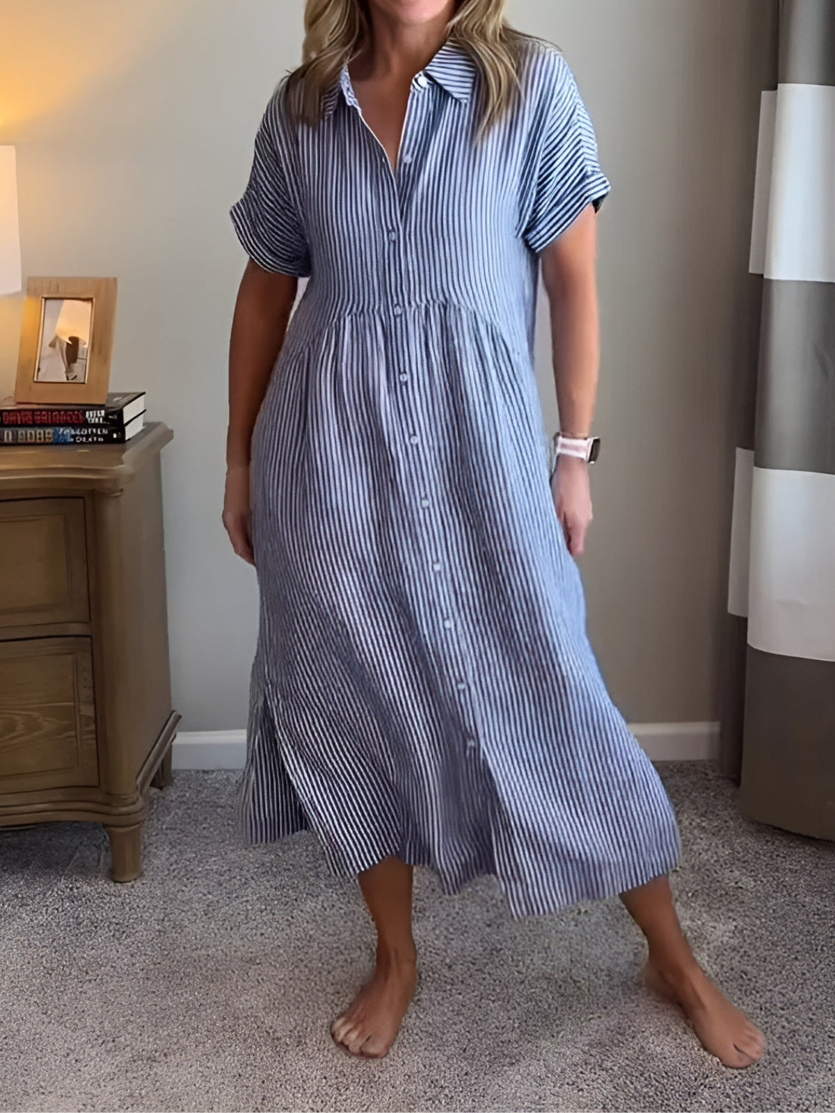Clémence | Robe chemise fluide à rayures et poches