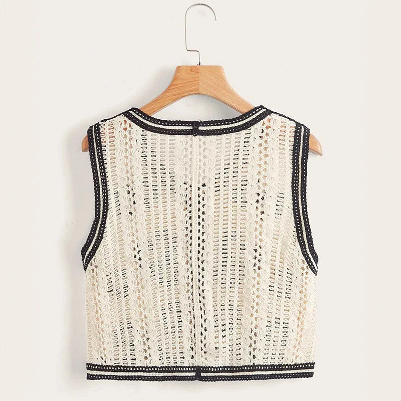 Catherine | Gilet Crocheté Bohème Femme - Top Transparent Sans Manches à Boutons
