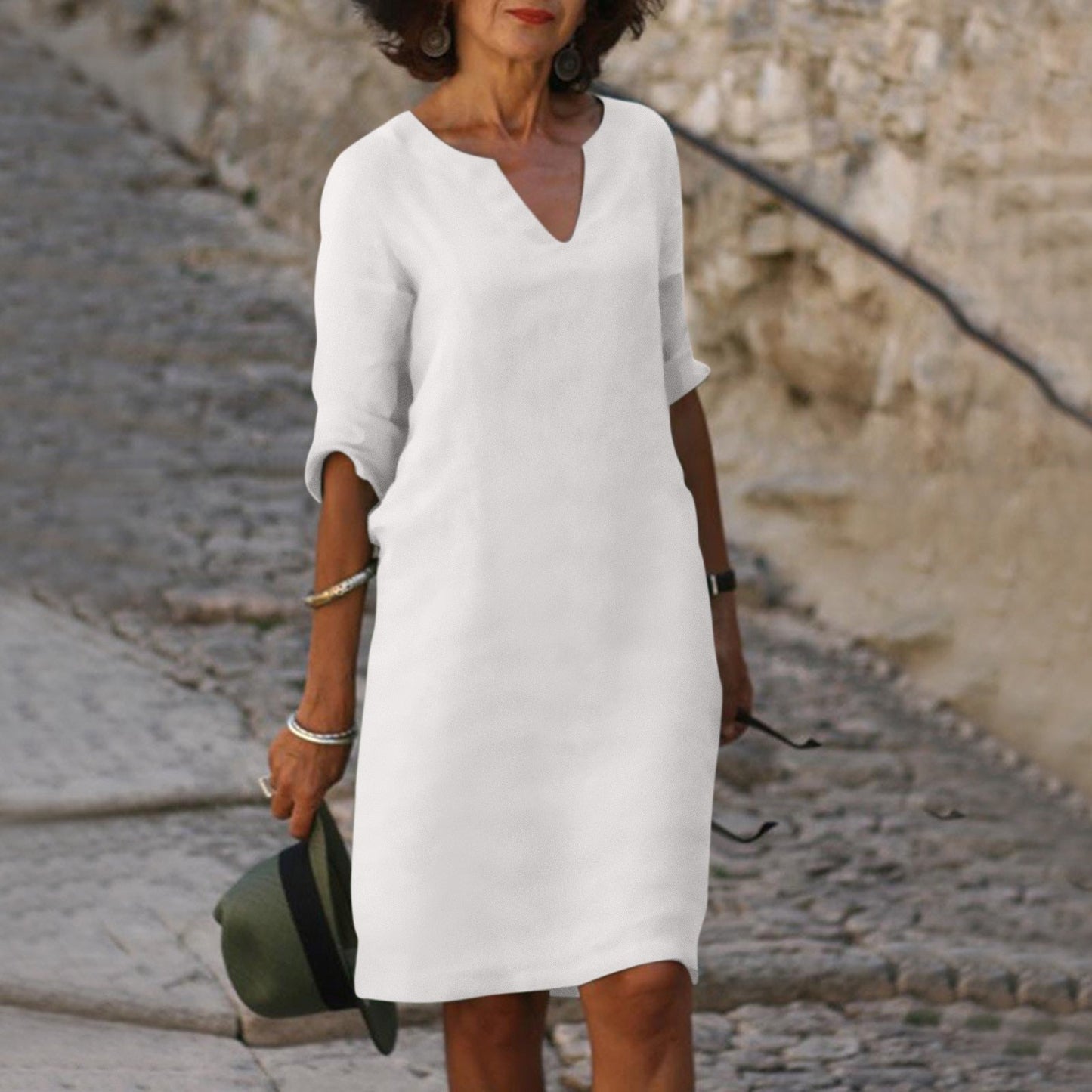 Sarah | Robe en lin à col en V