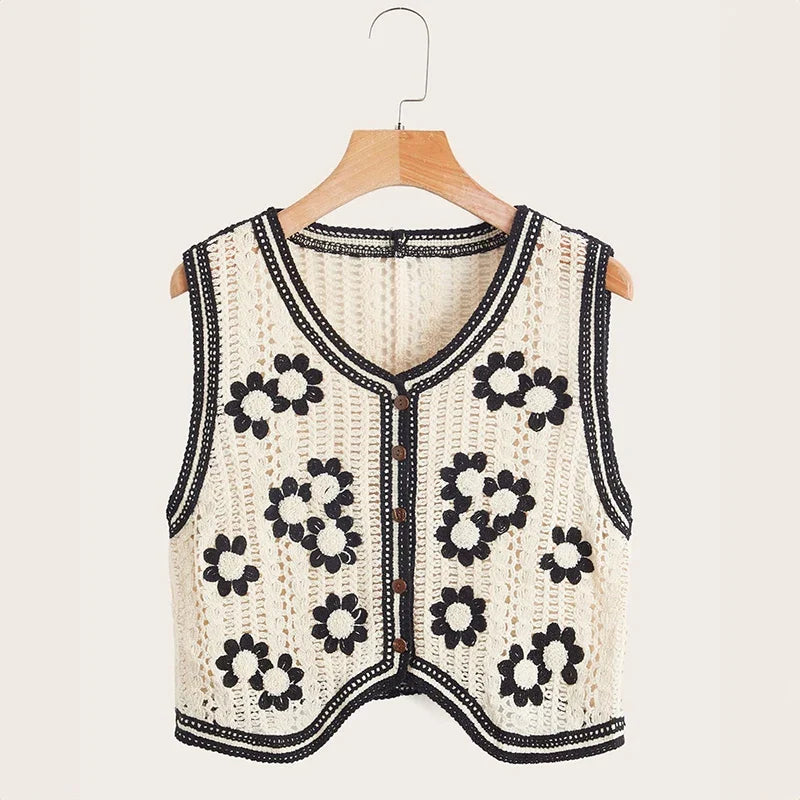 Catherine | Gilet Crocheté Bohème Femme - Top Transparent Sans Manches à Boutons