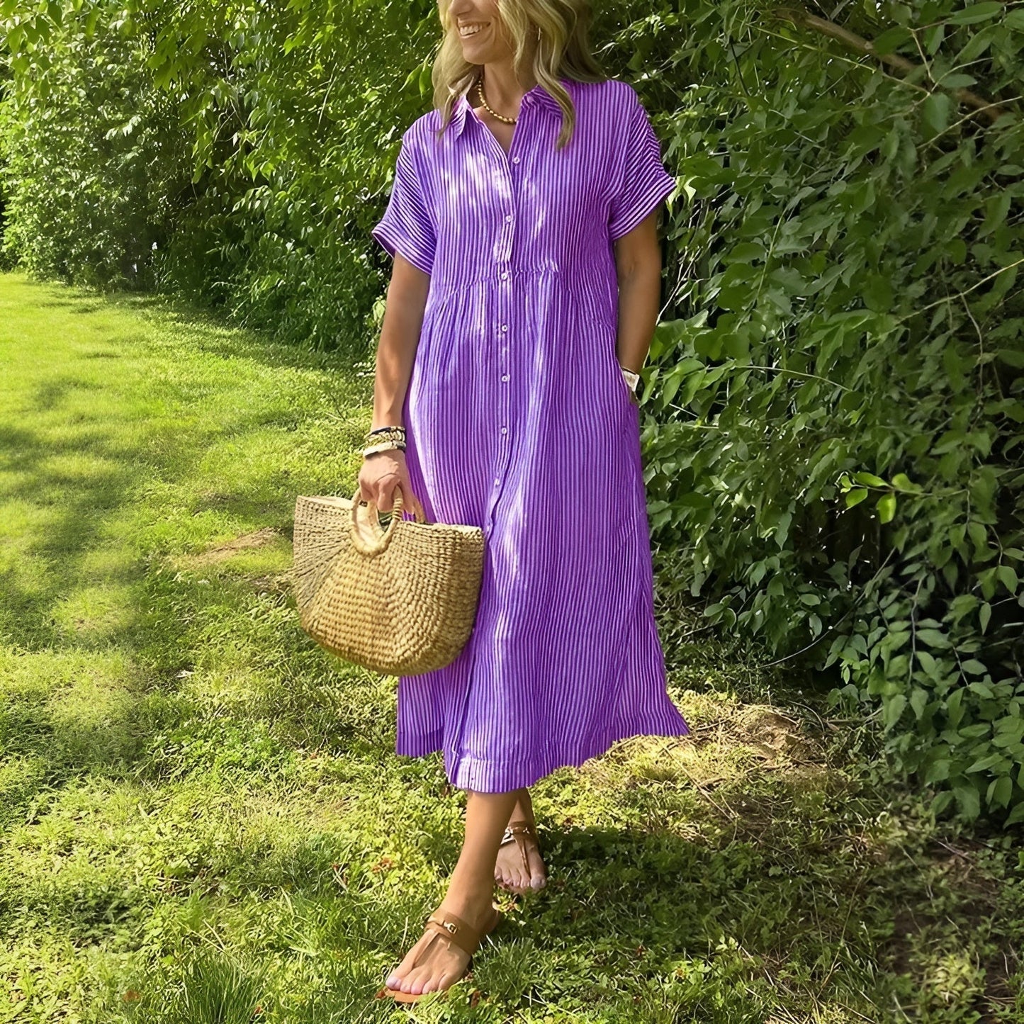 Clémence | Robe chemise fluide à rayures et poches