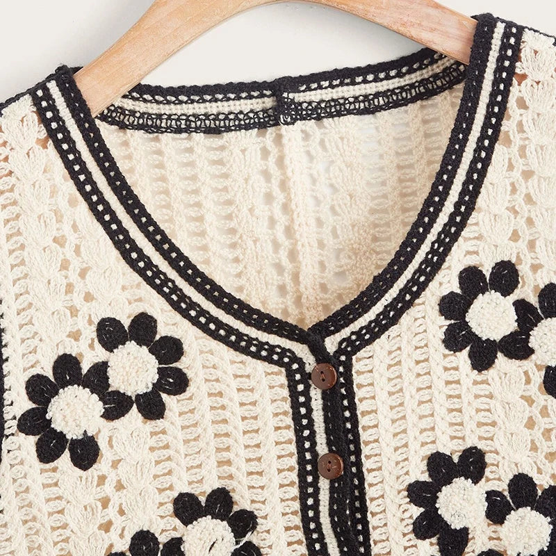 Catherine | Gilet Crocheté Bohème Femme - Top Transparent Sans Manches à Boutons
