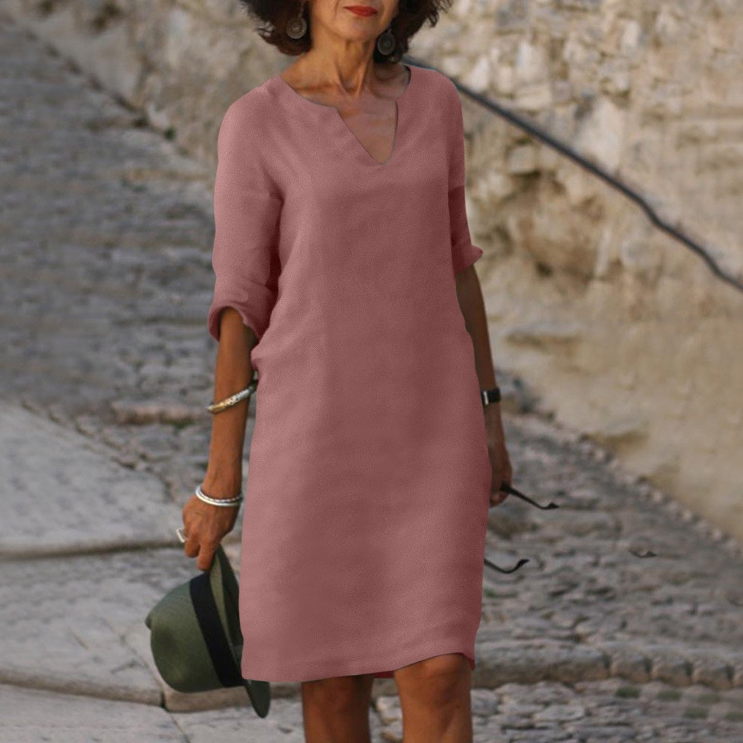 Sarah | Robe en lin à col en V