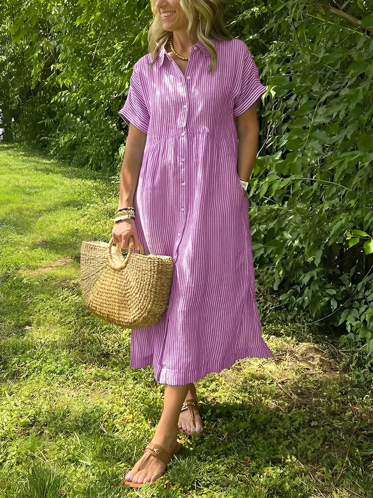 Clémence | Robe chemise fluide à rayures et poches