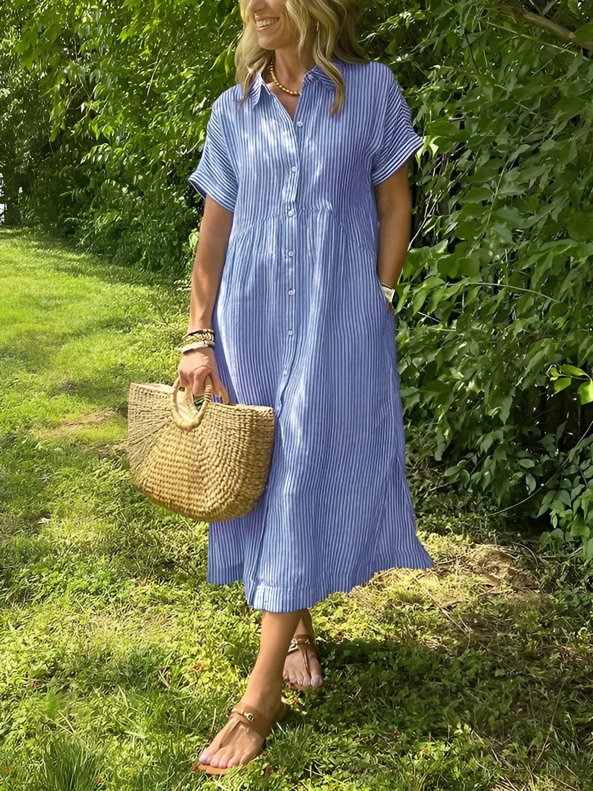 Clémence | Robe chemise fluide à rayures et poches
