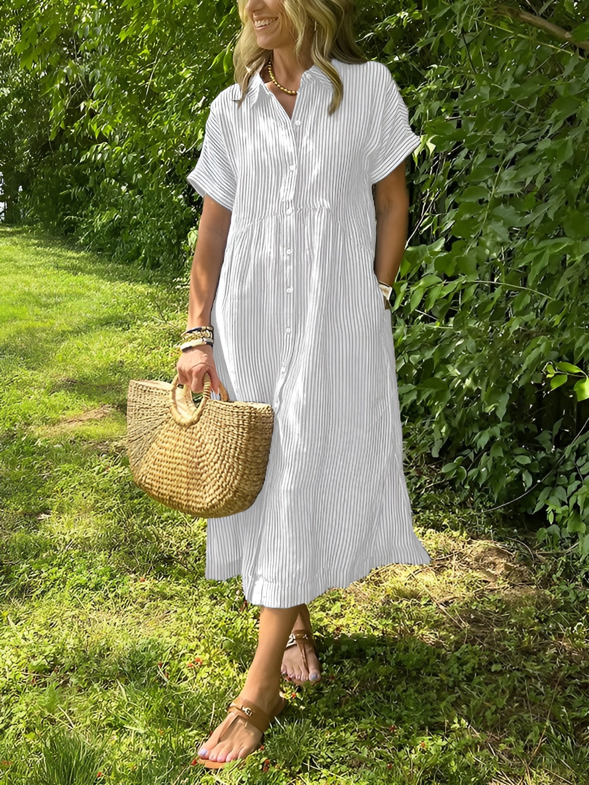 Clémence | Robe chemise fluide à rayures et poches