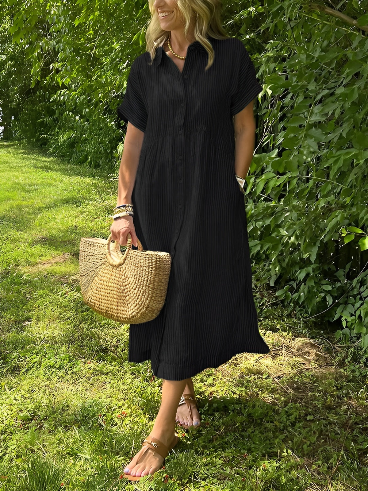 Clémence | Robe chemise fluide à rayures et poches