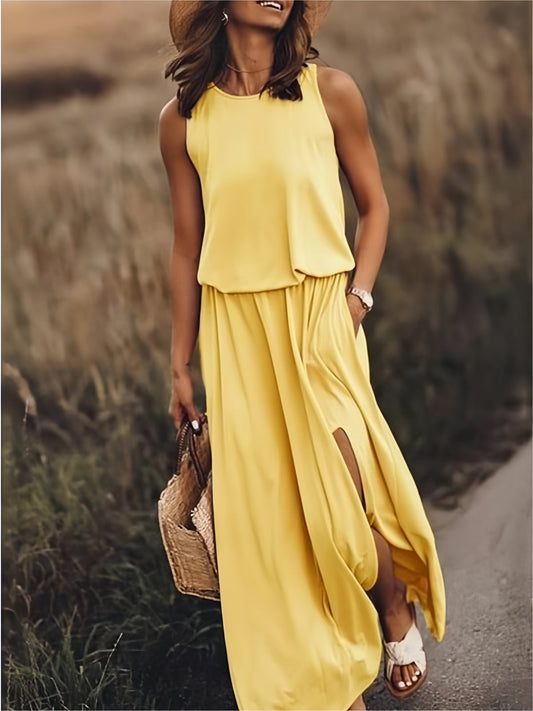 Céline | Robe Longue Sans Manches avec Fente Latérale