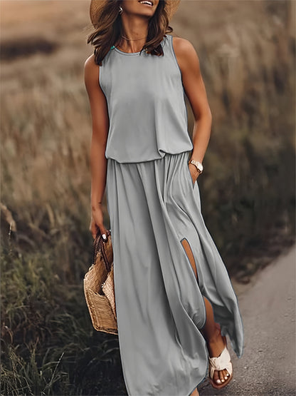 Céline | Robe Longue Sans Manches avec Fente Latérale