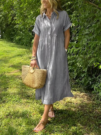 Clémence | Robe chemise fluide à rayures et poches