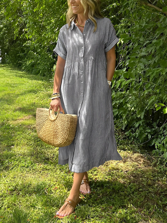 Clémence | Robe chemise fluide à rayures et poches
