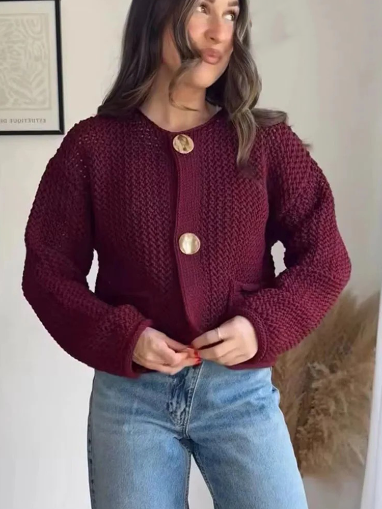 Kim - Gilet Grossièrement Tricoté avec Boutons Métalliques