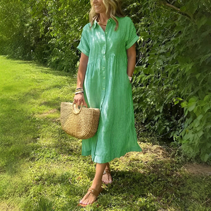 Clémence | Robe chemise fluide à rayures et poches