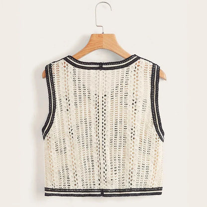 Catherine | Gilet Crocheté Bohème Femme - Top Transparent Sans Manches à Boutons