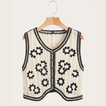Catherine | Gilet Crocheté Bohème Femme - Top Transparent Sans Manches à Boutons