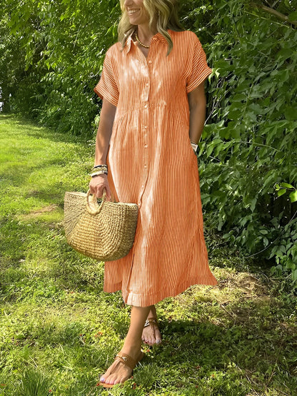 Clémence | Robe chemise fluide à rayures et poches