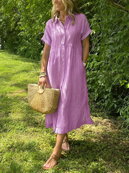 Clémence | Robe chemise fluide à rayures et poches