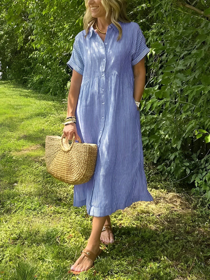 Clémence | Robe chemise fluide à rayures et poches